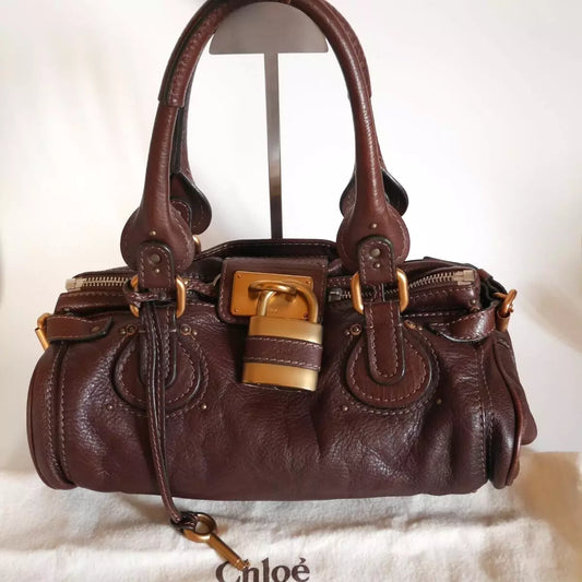 Chloe Paddington Medium Dark Brown Padlock Tote Bag Handbag Leather Dust Bag