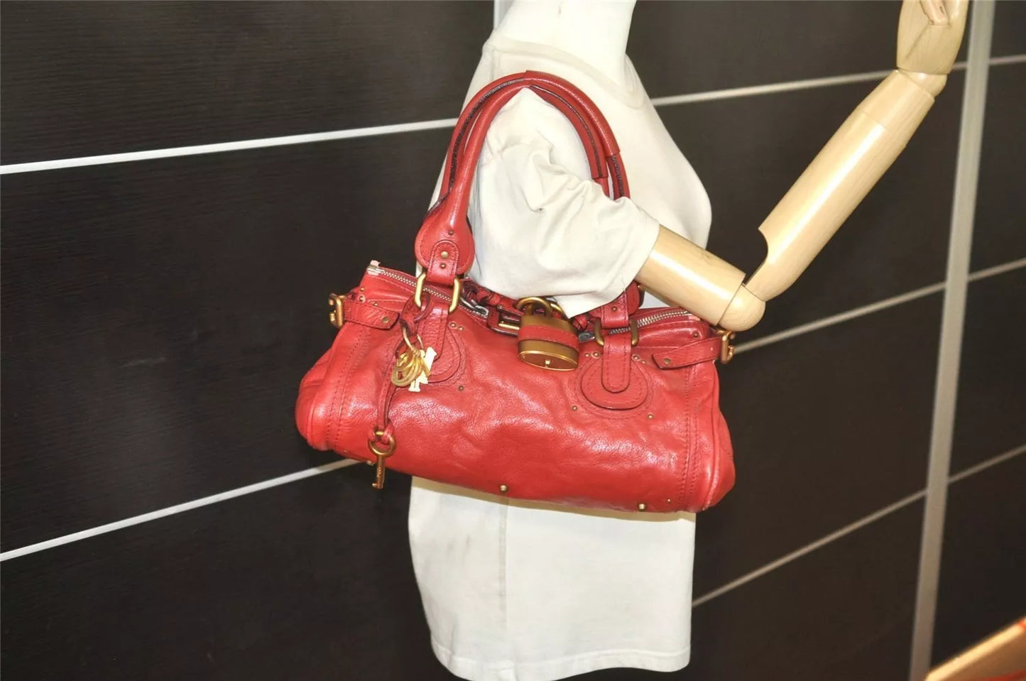 Authentic Chloe Vintage Paddington Leather Shoulder Hand Bag Red 4943L