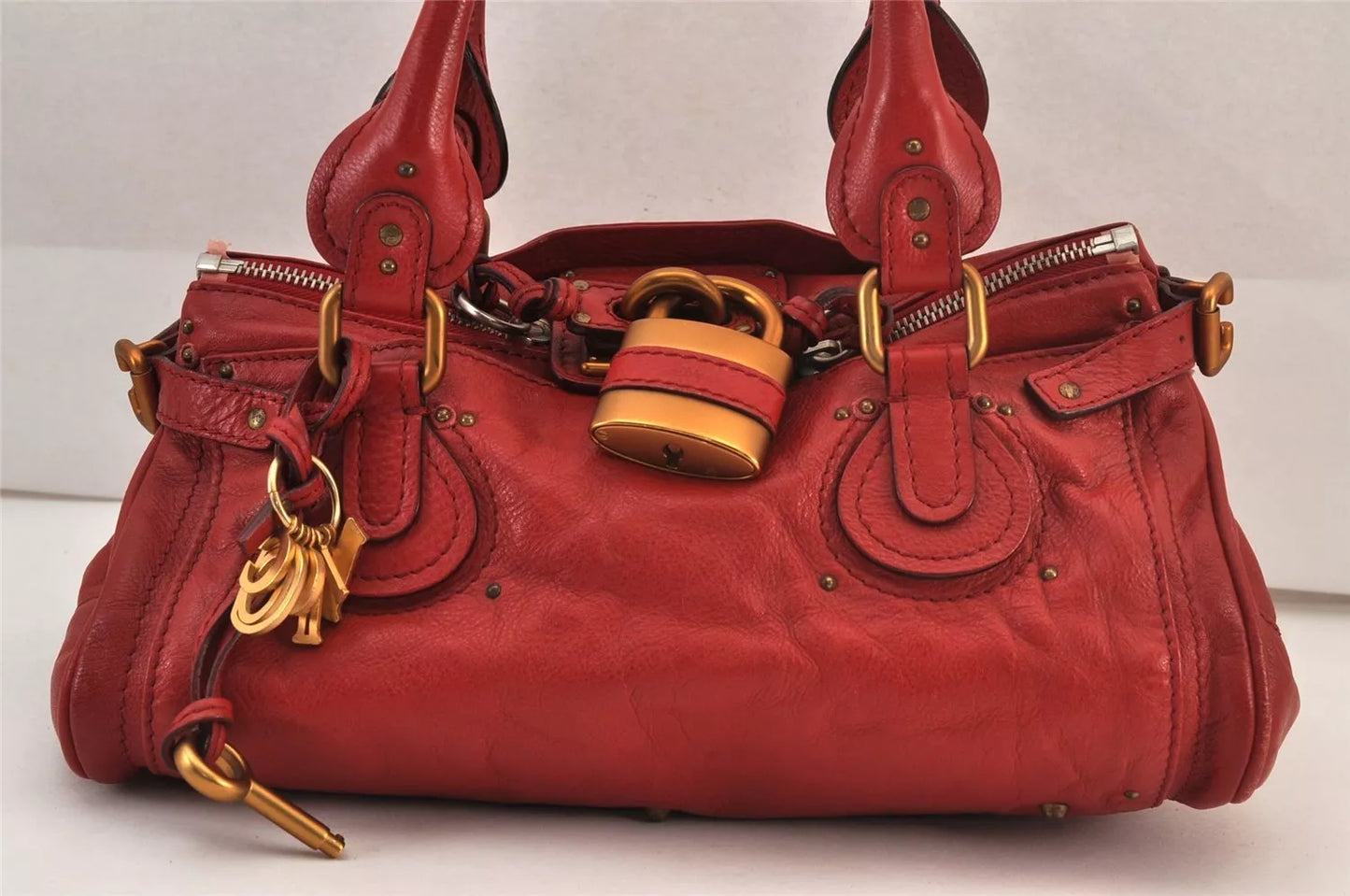 Authentic Chloe Vintage Paddington Leather Shoulder Hand Bag Red 4943L